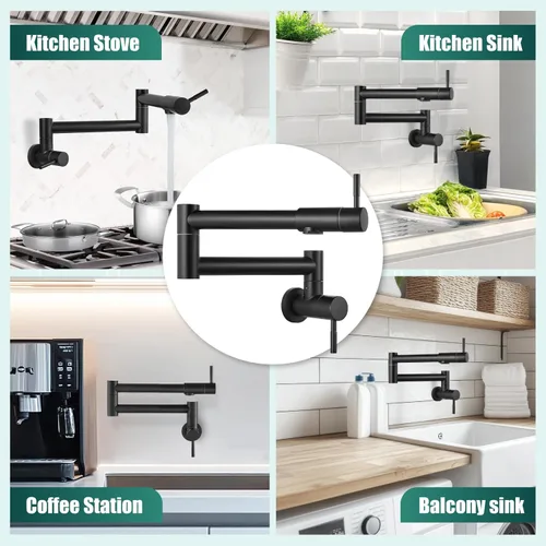 Miniatura 7 de Heyalan Pot Filler - Llenador de ollas de 19 pulgadas para montaje en pared, plegable, extensible, grifo de cocina y restaurante de acero Negro mate