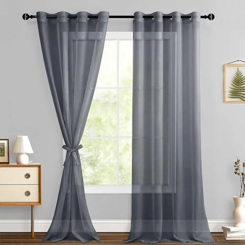 Miniatura 89 de Hiasan - Cortinas traslúcidas de gasa cortas semitransparentes con ojales y alzapaños filtrantes de luz para ventana, dormitorio, baño, 2 paneles