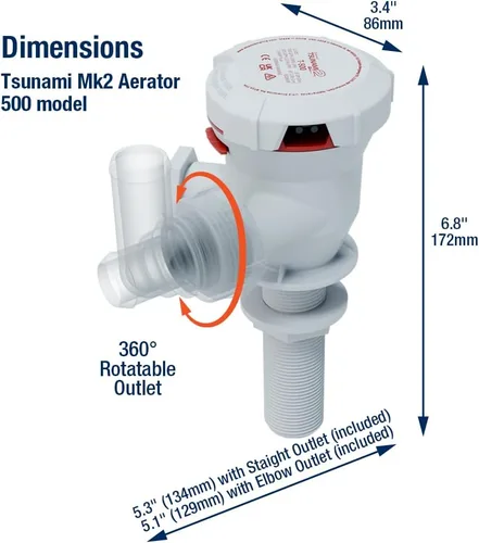Miniatura 5 de Attwood Bomba aireadora Tsunami MK2 T500 (12 V), 500 GPH, recta a través del casco con accesorios (codo y recto). Reemplazo directo para attwood