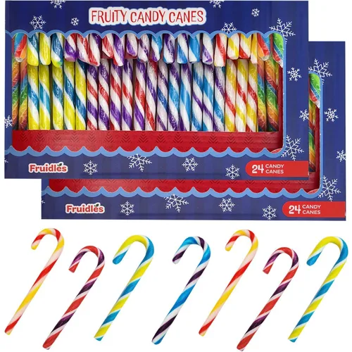 Bastones de caramelo de Navidad, sabor afrutado multicolor arcoíris, envueltos individualmente (paquete de 48)