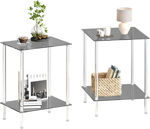 Miniatura 13 de Mesa auxiliar de vidrio templado, mesa de centro acrílica, mesita de noche transparente de 2 niveles, mesa de café transparente, para espacios