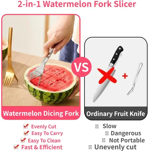 Miniatura 3 de Cortador de acero inoxidable con horquilla de sandía, herramienta de corte de cubo de melón fascinado para niños, cuchillo utilitario para tallar