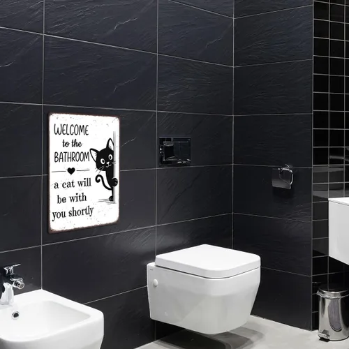 Miniatura 5 de Divertida decoración de baño – Welcome to the Bathroom A Cat Will Be With You Shortly – Cartel de metal de gato negro para baño, inodoro o tocador