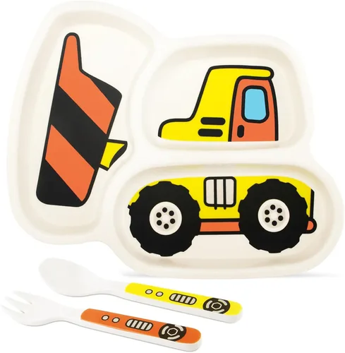 Juego de platos para niños, incluye tenedor y cuchara, juego de 3 piezas, platos para niños pequeños, juego de platos divididos para alimentación