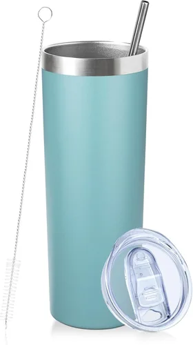 Miniatura 22 de Vaso delgado de 20 onzas con tapa y pajita, vaso de acero inoxidable aislado al vacío, taza de café de doble pared a prueba de fugas, vaso térmico