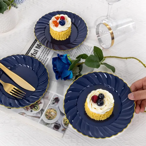 Miniatura 7 de YOUBET Paquete de 100 platos de plástico festoneado azul, platos desechables azul marino de 6.5 pulgadas, elegante plato de postre vintage de alta