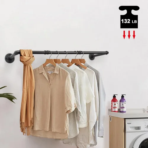 Miniatura 6 de Livabber Perchero Industrial de Tubería para Ropa, Perchero de Hierro Resistente Desmontable Montado en Pared, Barra de Ropa Rústica que Ahorra