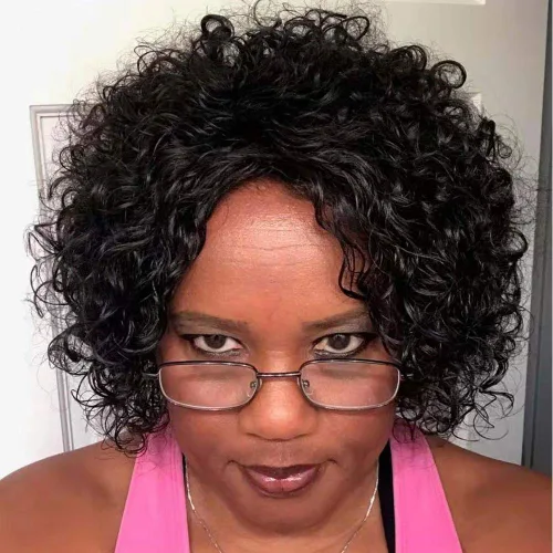 Miniatura 9 de Pelucas de cabello humano rizado brasileño de 10 pulgadas para mujeres negras, peluca corta sin pegamento con color natural, 100% cabello humano