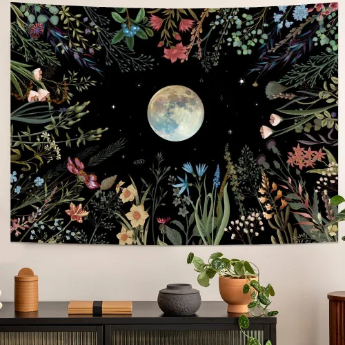 Miniatura 5 de Amhokhui Tapiz de jardín iluminado por la luna, tapiz bohemio de luna, tapiz floral de flores, tapices de plantas coloridas, tapices negros