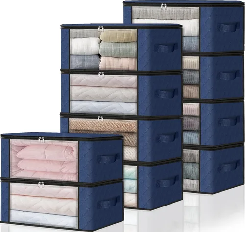 Miniatura 10 de HomeHacks Paquete de 3 bolsas organizadoras de ropa, caja de almacenamiento plegable con gran ventana transparente y asas resistentes para armario