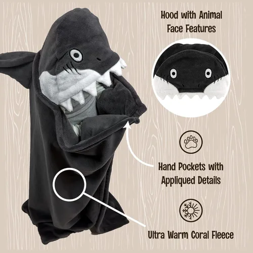 Miniatura 5 de Manta con capucha para llevar puesta Lazy One para niños, manta con capucha de animales (tiburón)