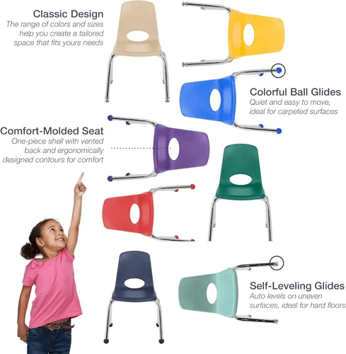 Miniatura 7 de FDP - Silla escolar apilable de 12 pulgadas, asiento apilable para estudiantes con patas de acero cromado y deslizadores giratorios de nailon