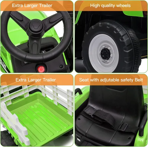 Miniatura 5 de SEHOMY Tractor de paseo para niños con remolque y motores duales de 25W, vehículo de juguete eléctrico para niños alimentado por batería de 12V