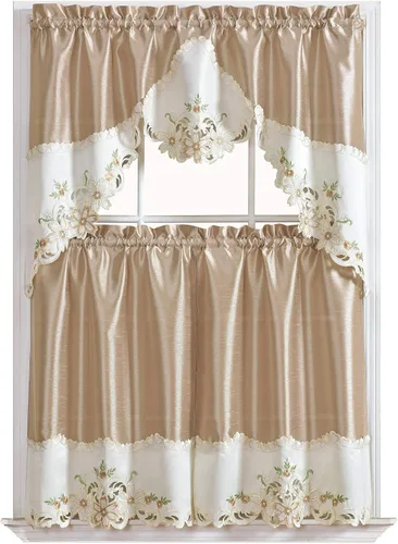 GOHD Juego de Cortinas de Cocina con Arco Floral/Cenefa Drapeada y Juego de Niveles. Bonito Bordado Floral de Color a Juego en el Borde con Calados