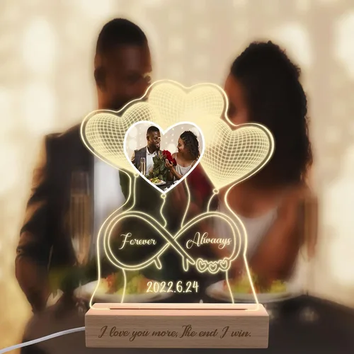 Miniatura 4 de Luz nocturna personalizada con ilusión 3D con base de madera, lámpara de corazón personalizada con texto de imagen, luz nocturna LED acrílica