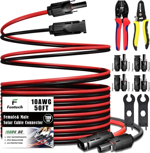 Miniatura 10 de Cable de Extensión Solar de Doble Hilo de 50 Pies - 10AWG (6mm) Negro y Rojo con Conectores de Panel Solar IP67 para Uso en Exteriores y Marino