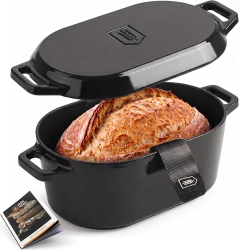 Miniatura 13 de KooK Horno holandés, para hornear pan, molde para pan de masa madre, con tapa, asas dobles, hierro fundido esmaltado, incluye palanca de tapa, apto