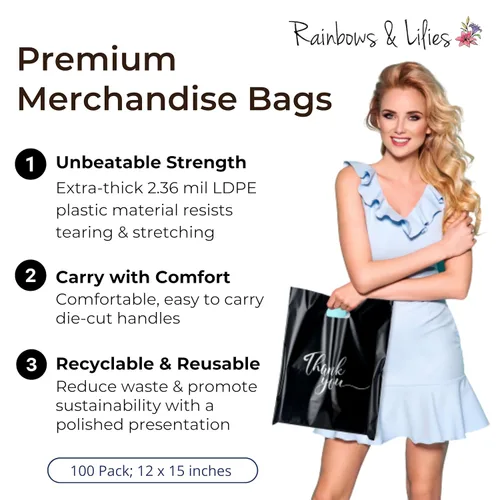 Miniatura 3 de Rainbows & Lilies 100 Bolsas de Plástico de Agradecimiento con Asas - 12"An x 15"Al Bolsas de Compras Gruesas Reutilizables al Por Mayor para Negro