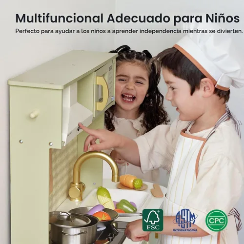 Miniatura 3 de Tiny Land Juego de cocina para niños, juego de cocina de granja de madera, juego de chef para niños pequeños con luces y sonidos reales, juguetes