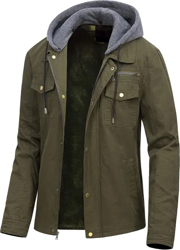Miniatura 14 de Pursky Chaqueta de lona de algodón militar casual para hombre con capucha desmontable