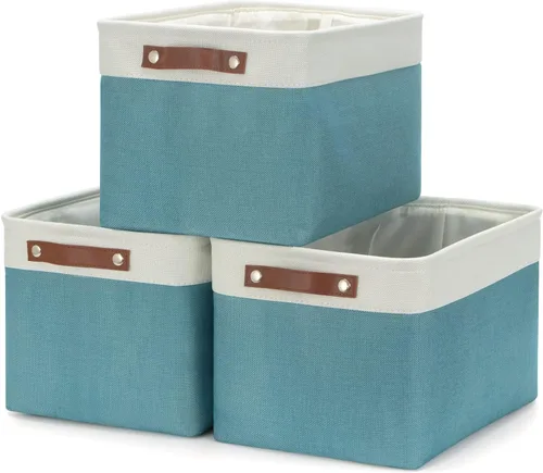 Miniatura 20 de HNZIGE Cestas organizadoras grandes de tela (3 unidades), canastas decorativas plegables con asas de cuero (crema, 15 x 11 x 9.5 pulgadas)