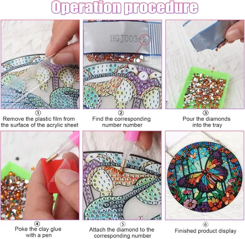 Miniatura 7 de Tontut Decoraciones colgantes Kits de pintura de diamantes, colgante de ventana DIY mariposa flor pintura de diamante, forma especial diamantes arte