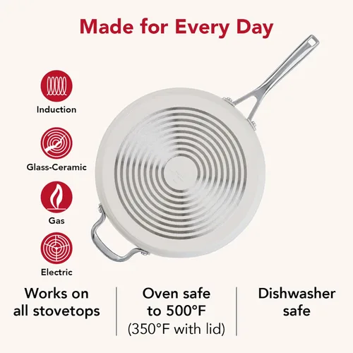 Miniatura 8 de KitchenAid - Sartén/cocedor jumbo de cerámica anodizada dura antiadherente con inducción con tapa y mango auxiliar, apta para lavavajillas, Porcelana