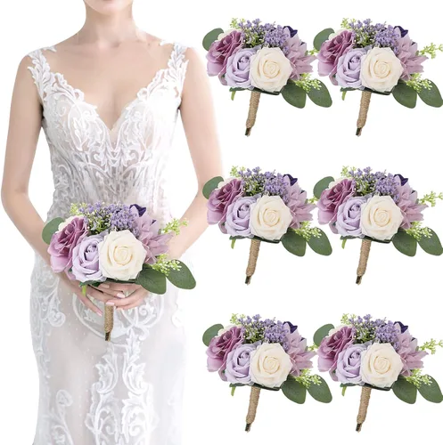 Miniatura 31 de Ramos de dama de honor para boda, juego de 6 ramos de flores artificiales para decoración de otoño, boda, propuesta de matrimonio, fiesta, Naranja