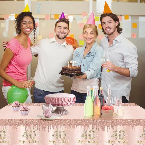 Miniatura 5 de 3 paquetes de mantel de cumpleaños número 40 rosa y dorado - mantel desechable de plástico rectangular para fiesta
