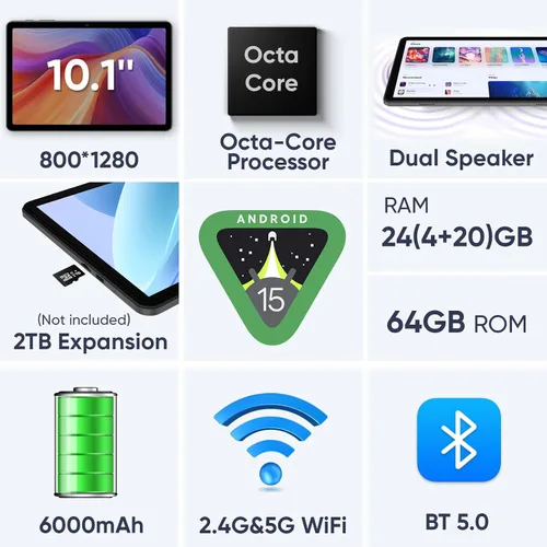 Miniatura 2 de EDDBNi Tablet Android 15 de 10.1 pulgadas Tablet 2025 últimas Tablets con Teclado Ratón 24GB+64GB 2TB de expansión 6000mAh procesador Octa-Core Negro