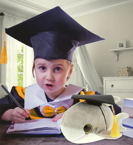 Miniatura 7 de DolliBu Big Eye Shark - Peluche de graduación de tiburón – Lindo juguete de peluche de regalo de graduación, peluche de tiburón de graduación