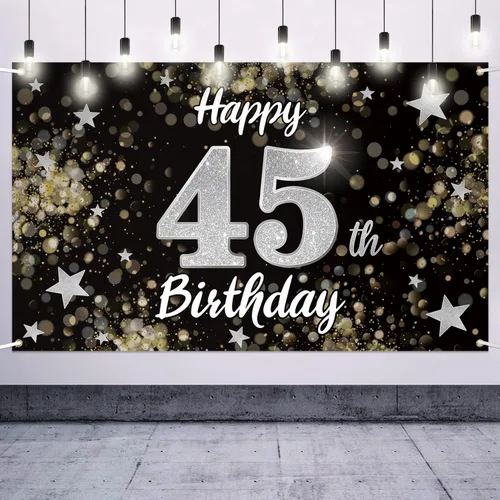 Miniatura 9 de Decoración de feliz cumpleaños 37, cartel grande de fondo de cumpleaños de 37 años con estrella de ensueño negro y plateado – Decoración de fiesta
