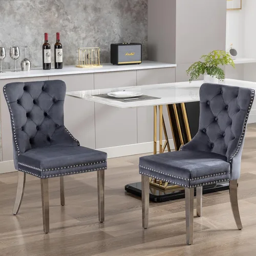 Miniatura 2 de Sillas de Comedor de Terciopelo Juego de 4, Colección Nikki Sillas de Comedor con Patas de Acero Inoxidable Plateado y Anilla, Silla Lateral de Lujo