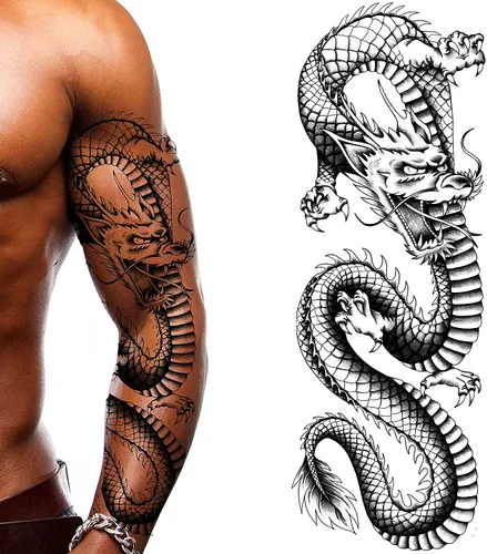 Miniatura 6 de 2 tatuajes temporales de dragón, chinos, grandes, para adultos, diseño tribal para hombres woemen, aspecto realista de Halloween
