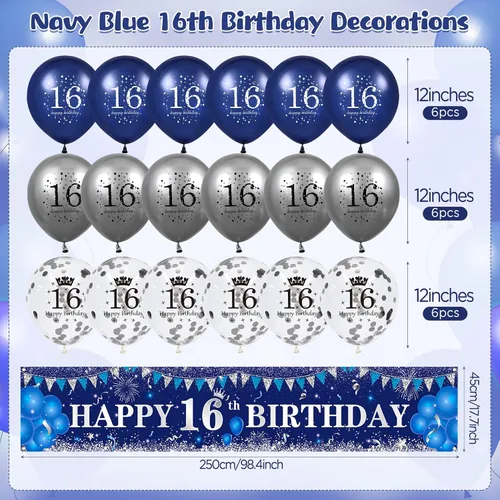 Miniatura 4 de Decoraciones azules de cumpleaños número 16 para niños y niñas - Pancarta feliz azul marino plateado y globos para suministros de fiesta
