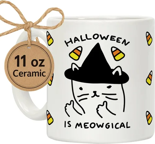 Miniatura 41 de LookHUMAN Taza de Café de Halloween – Halloween Is Meowgical Tazas, Taza de Café Espeluznante Idea de Regalos de Taza, 15 Onzas 10-Blanco