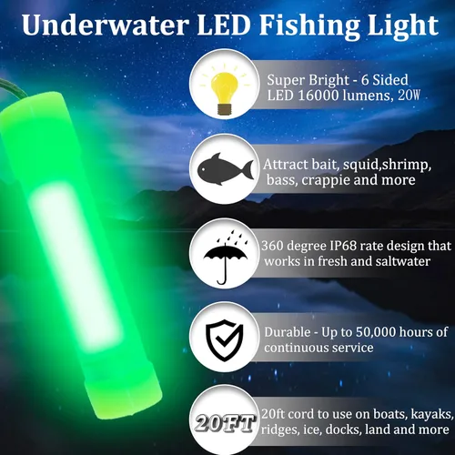 Miniatura 4 de Luz de pesca subacuática súper brillante de 16000 lúmenes, 20 W, 12 V, LED, sumergible, buscador de cebo de pesca nocturna, luz de caída profunda