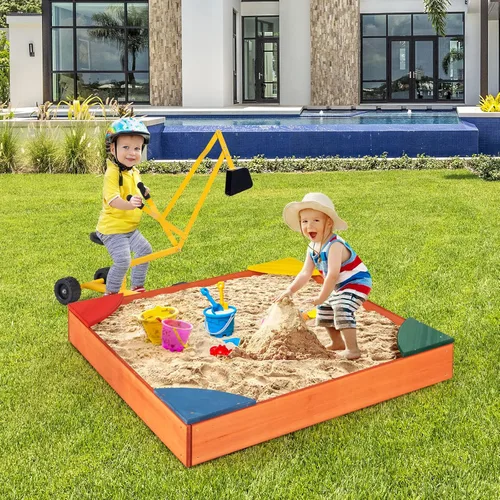 Miniatura 4 de HONEY JOY Caja de arena de madera para niños, pozo de arena sin fondo para exteriores con 4 asientos esquineros integrados, cajas de arena de cedro
