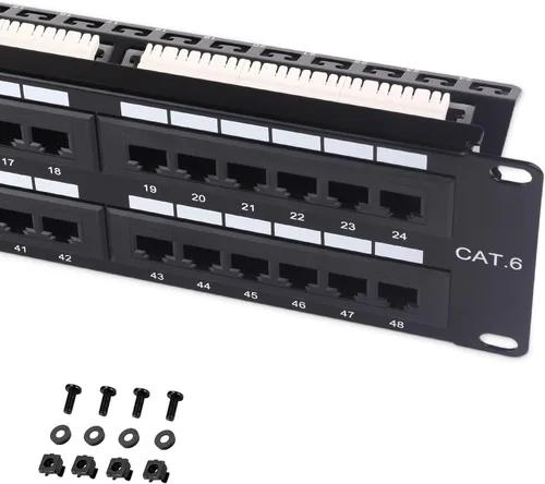 Cable Matters - Panel de conexión de 48 puertos para montaje en rack o montaje en pared de 19 pulgadas con barra de soporte, panel de conexión de
