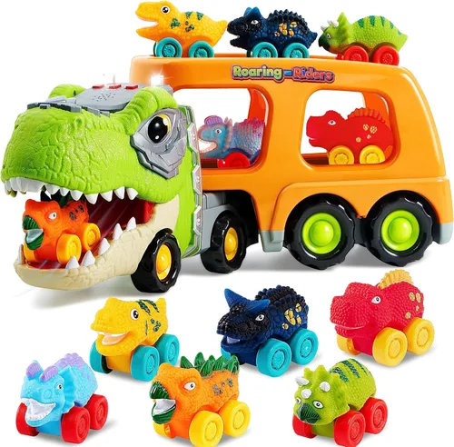 JOYIN Juguetes de dinosaurio para niños de 2 a 4 años, juguetes para niños pequeños, camión transportador de dinosaurios con 6 vehículos de carro de