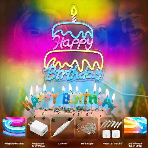 Miniatura 5 de Letrero de neón con luces LED de neón de feliz cumpleaños, letrero de neón rosa para dormitorio, letrero LED alimentado por USB, para decoración