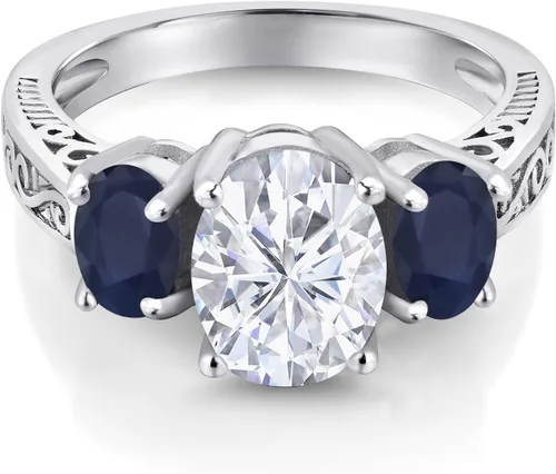 Miniatura 3 de Gem Stone King Anillo de plata de ley 925 con moissanita blanca y zafiro azul de 3 piedras para mujer
