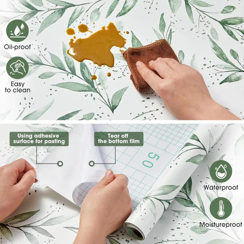 Miniatura 5 de Beautyhero Papel tapiz autoadhesivo para despegar y pegar de 17.7 x 590.5 pulgadas, papel de contacto floral con hojas de color verde oliva, papel