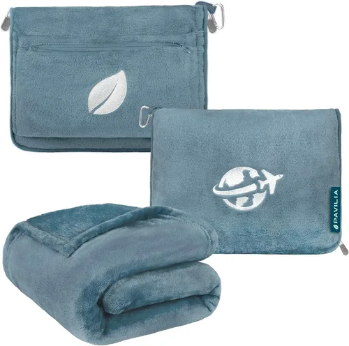 Miniatura 10 de PAVILIA Manta de viaje y almohada, manta de avión con apertura de brazos para adultos, manta compacta de avión con agujero para el brazo, bolsa 2