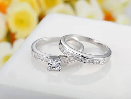 Miniatura 3 de Juego de anillos de compromiso de plata de ley 925 de 3 quilates con circonita cúbica transparente, anillo de regalo para mujer
