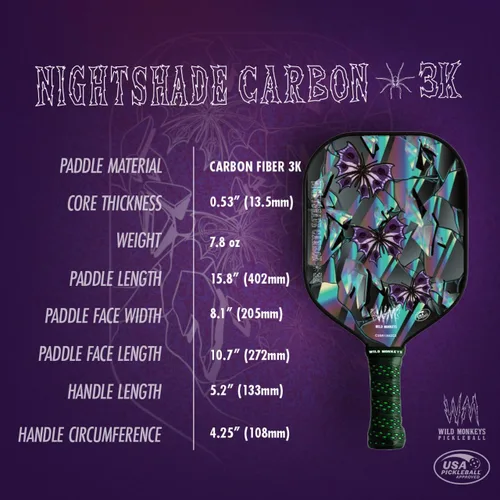 Miniatura 3 de Wild Monkeys Nightshade Carbon 3K - Paleta de pickleball ligera de fibra de carbono (7.8 onzas), núcleo de panal de abeja de 0.55 pulgadas, agarre