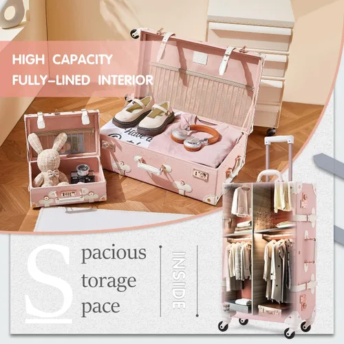 Miniatura 4 de Unitravel Juego de equipaje vintage de 3 piezas para mujer con cerradura TSA, Rosa en relieve.