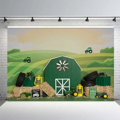 Miniatura 7 de MEHOFOND Telón de fondo de fiesta de cumpleaños de tractor para niño y niña, feliz primer cumpleaños, retrato de granja verde, fotografía de fondo