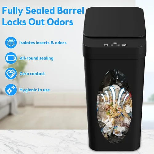 Miniatura 5 de Basurero de baño con tapa, paquete de 2 cubos de basura automáticos sin contacto de 4 y 2.2 galones, pequeño sensor de movimiento, cubo de basura