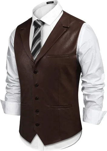 Miniatura 2 de COOFANDY Chaleco de cuero para hombre estilo casual estilo occidental ligero con cuello en V chaleco